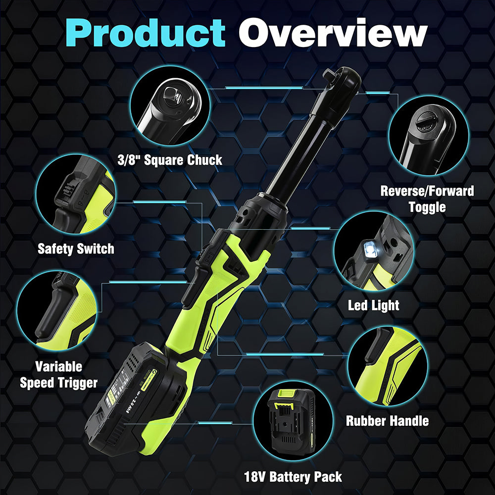 18V Cordless 3 8 Inch Ratchet Wrench 74 Ft Lbs 2 Batteries Extended