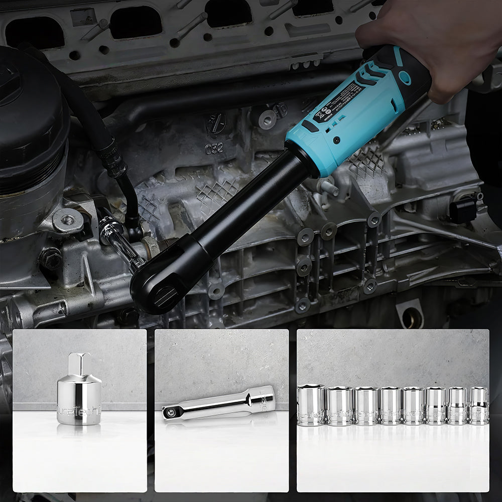 12V Long Neck 3/8" Cordless Ratchet Wrench, 44 Ft-Lbs, 2 Batteries & Charger