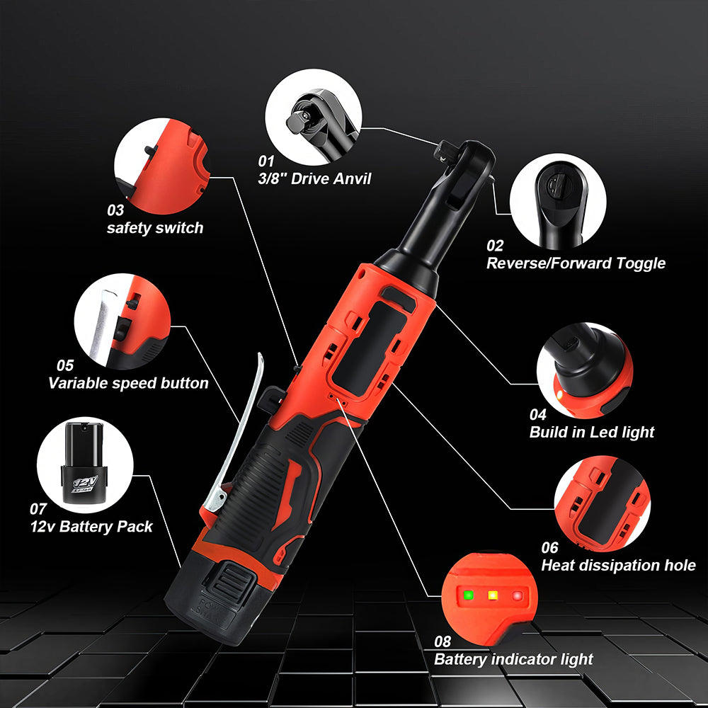 12V Cordless Electric Ratchet Wrench Set 45 FtLbs 2 Batteries 3 8Inch