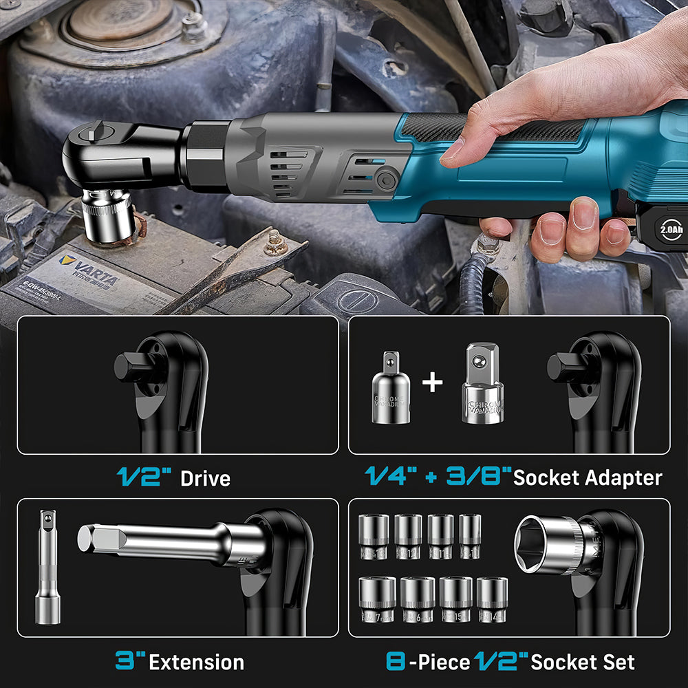21V Cordless Electric Ratchet Wrench Kit Half Inch Brushless Batteries