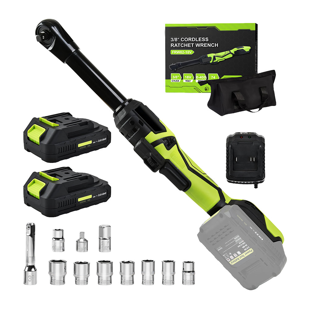 18V Brushless 3/8" Extended Cordless Ratchet Wrench Set, 74 Ft-Lbs, 2 Batteries