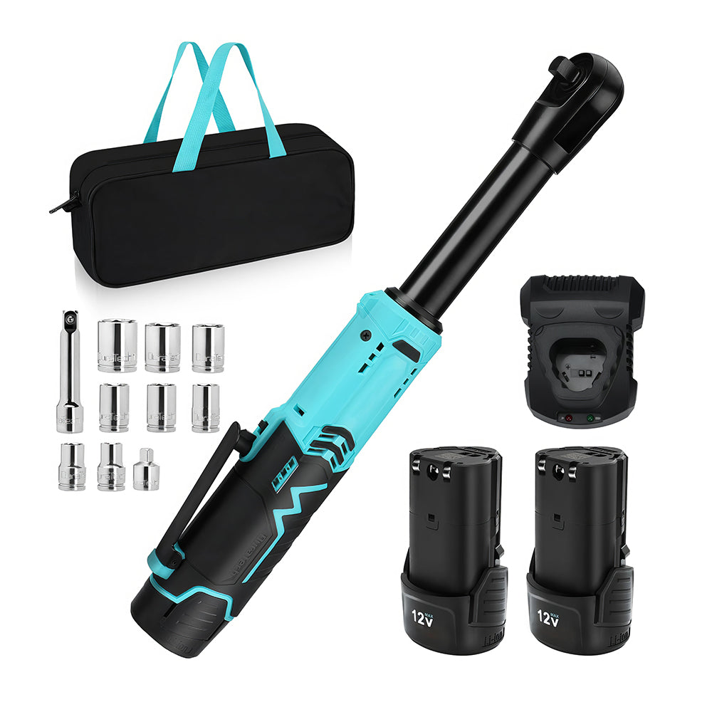 12V Long Neck 3/8" Cordless Ratchet Wrench, 44 Ft-Lbs, 2 Batteries & Charger