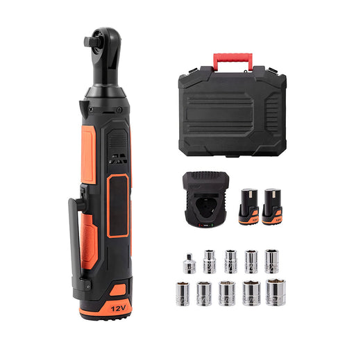 12V Cordless Electric Ratchet Wrench Kit 33 Ft lbs with 2 Batteries 3 8 Inch LED Socket Set Fast Charger 9 Sockets